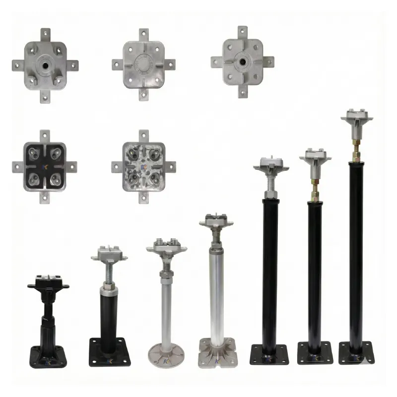 Pedestal+Stringer เสารับน้ำหนัก (Pedestals) มีให้เลือกทั้ง แบบอะลูมิเนียม เหล็ก หรือแบบผสม ซึ่งผ่านการทดสอบว่ารับน้ำหนักแนวตั้งได้สูงตามต้องการ และสามารถปรับระดับ ความสูงได้อย่างยืดหยุ่น (โดยทั่วไปปรับได้ขึ้นลง 25 มม.)