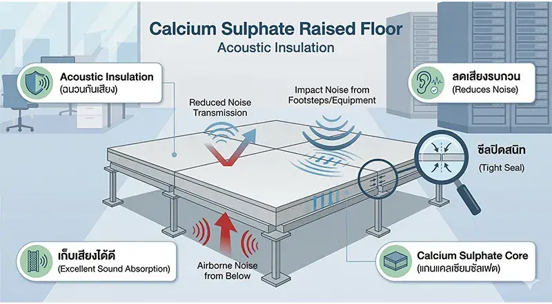 อินโฟกราฟิกแสดงสเปคพื้นยกแคลเซียมซัลเฟต (Calcium Sulphate Raised Floor) คุณสมบัติฉนวนกันเสียงประสิทธิภาพสูง (Excellent Acoustic Insulation) ช่วยลดเสียงรบกวน (Reduces Noise Transmission) ทั้งเสียงจากอากาศและการกระแทก มีแกนกลางแน่นและซีลปิดสนิท (Tight Seal) เหมาะสำหรับห้อง Server และ Data Center