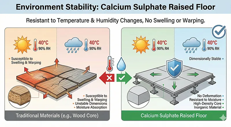 พื้นยกแคลเซียมซัลเฟต ทนต่อการเปลี่ยนแปลงอุณหภูมิและความชื้น ไม่บวมหรือบิดงอ (Dimensionally Stable) เมื่อเทียบกับวัสดุไม้