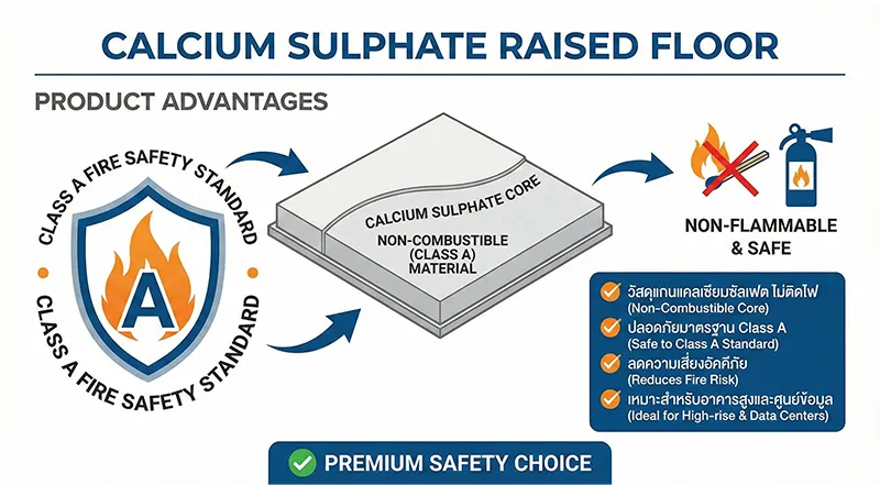 พื้นยกแคลเซียมซัลเฟต มาตรฐานทนไฟ Class A (Non-Combustible) วัสดุไม่ติดไฟ ปลอดภัยสูงสำหรับอาคารสูงและศูนย์ข้อมูล