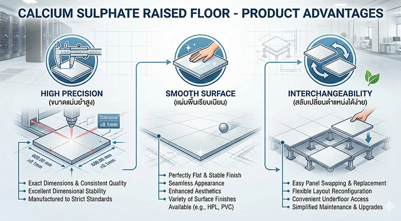 สรุปข้อดีพื้นยกแคลเซียมซัลเฟต: กันเสียง (Acoustic), ผิวเรียบ (Smooth Surface), และง่ายต่อการซ่อมบำรุงระบบใต้พื้น