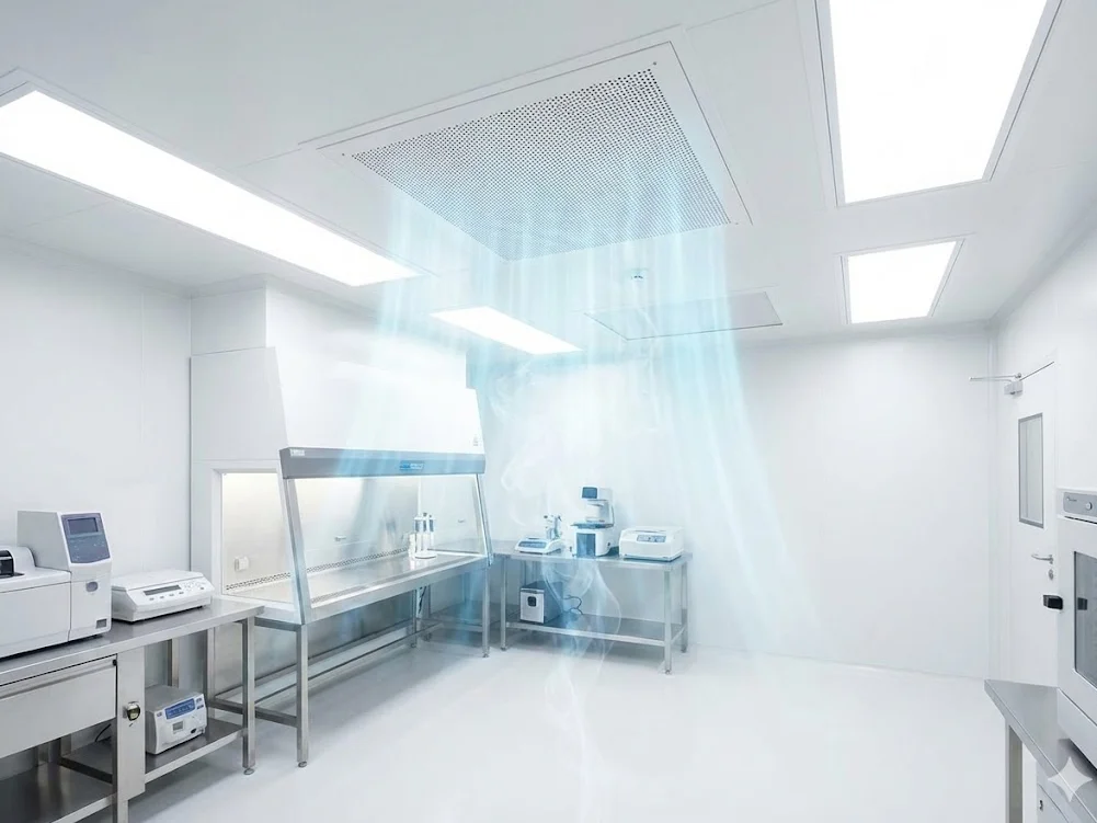 ติดตั้งชุดกรองอากาศ HEPA Box ติดเพดานห้องคลีนรูม แสดงการทำงานของระบบจ่ายลมแบบ Laminar Flow เพื่อควบคุมฝุ่นละอองและเชื้อโรคในห้องสะอาด