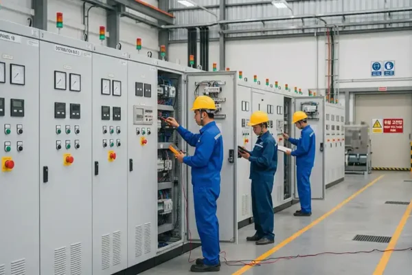 ช่างเทคนิคและวิศวกรกำลังตรวจสอบตู้ควบคุมระบบไฟฟ้า งานวิศวกรรมระบบ M&E และสาธารณูปโภค (Cleanroom M&E & Utility) สำหรับการเดินระบบห้องคลีนรูมมาตรฐาน