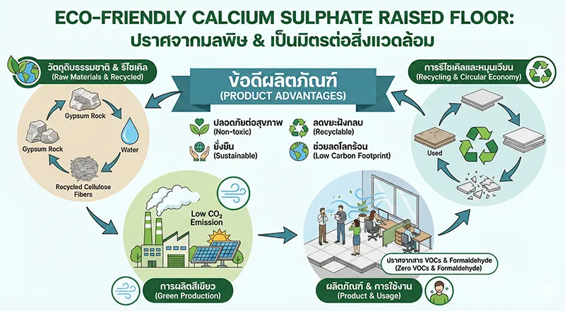 พื้นยกที่เป็นมิตรต่อสิ่งแวดล้อม (Eco-Friendly) ปราศจากสาร VOCs และ Formaldehyde ผลิตจากวัตถุดิบรีไซเคิลตามหลัก Circular Economy