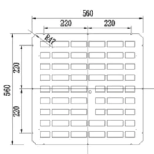 แบบแปลนทางวิศวกรรมแผ่นพื้นระบายอากาศขนาด 560x560 มม. พร้อมรายละเอียดระยะรูเจาะสำหรับติดตั้งในระบบพื้นยก