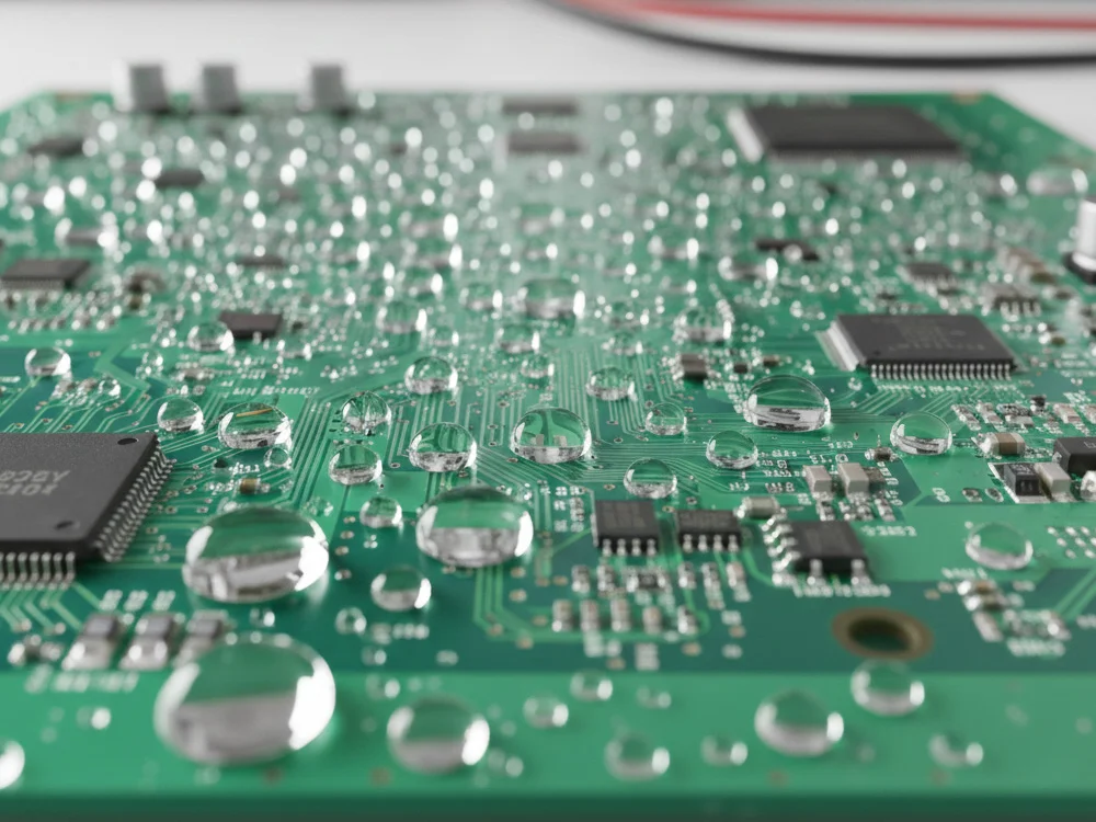 หยดน้ำบนผิวแผงวงจรที่ผ่านการเคลือบสารป้องกันความชื้นและไฟฟ้าลัดวงจร