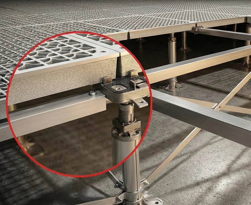 ภาพซูมใกล้โครงสร้างขาตั้งพื้นยก (Raised Floor Pedestal) และคานรับน้ำหนัก (Stringer) แสดงรายละเอียดหัวขาตั้งและจุดเชื่อมต่ออุปกรณ์มาตรฐานงานวิศวกรรม