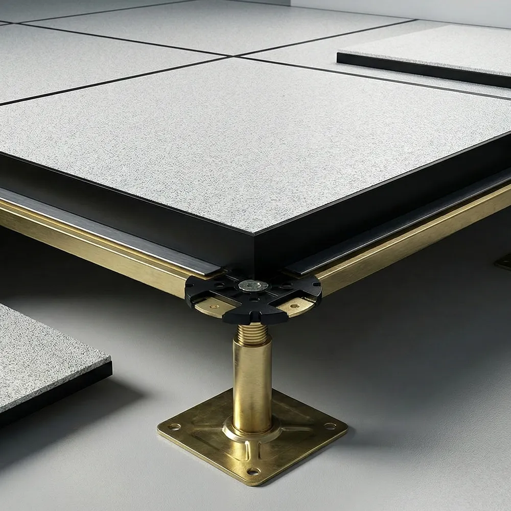 Close-up of raised floor pedestal system with calcium sulphate floor panel installation for office and server room.