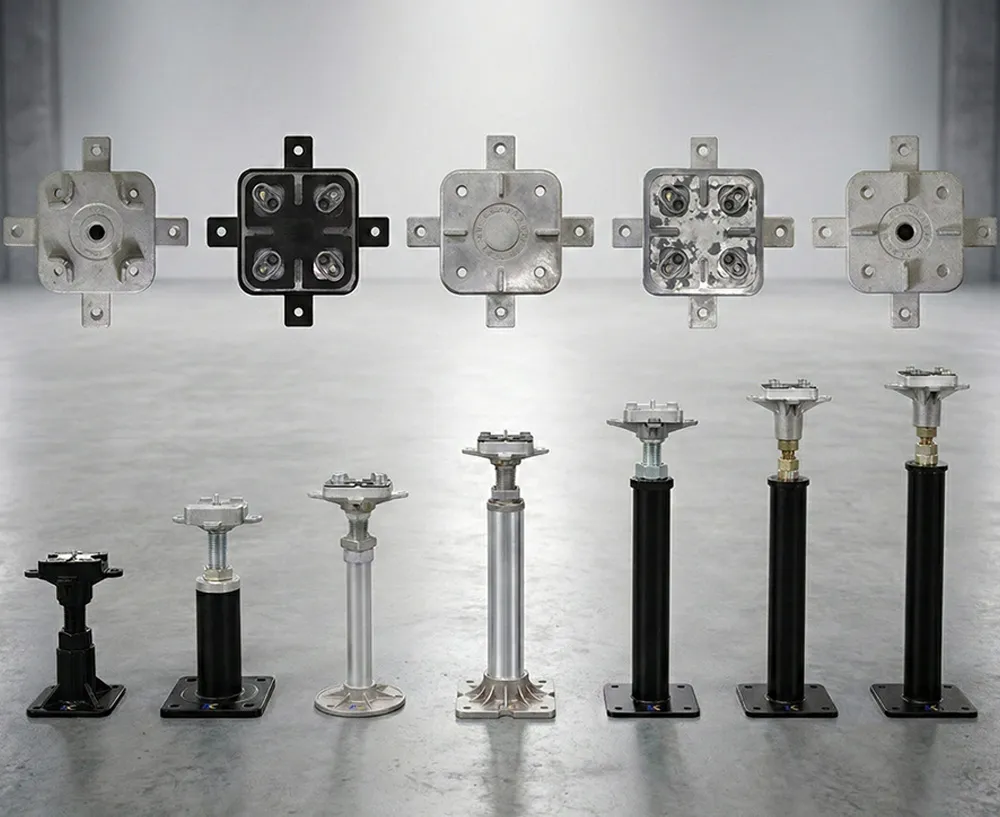 เปรียบเทียบขาตั้งพื้นยก (Raised Floor Pedestal) ประเภทและขนาดต่างๆ ทั้งขาตั้งเหล็กกัลวาไนซ์และขาตั้งอลูมิเนียม พร้อมแสดงหัวขาตั้งแบบต่างๆ สำหรับรองรับแผ่นพื้นยกแต่ละชนิด
