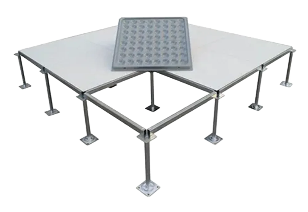 โครงสร้างระบบพื้นยกเหล็ก (Steel Raised Floor) แสดงลักษณะด้านล่างของแผ่นพื้นยกที่วางบนขาตั้ง (Pedestal) และคาน (Stringer) รับน้ำหนักได้สูง