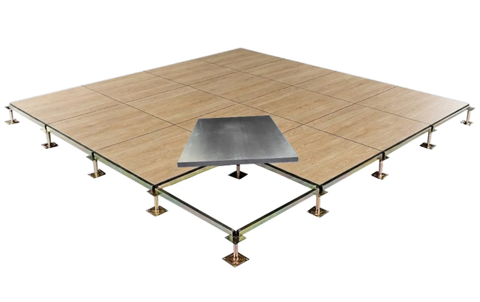 Wood finish raised access floor system with adjustable pedestals and stringers for commercial interior design