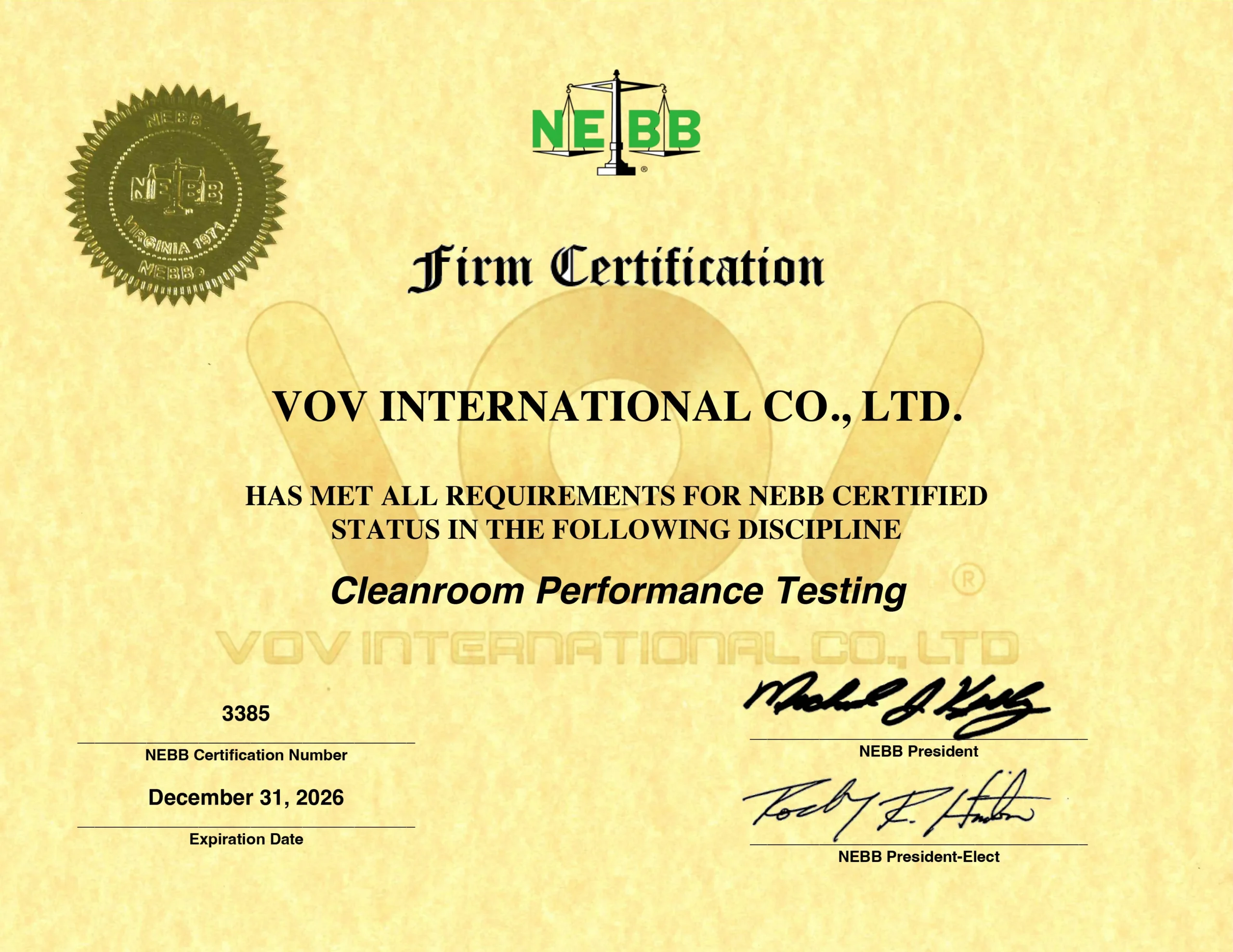 ใบรับรองวิทยฐานะองค์กรมาตรฐาน NEBB สำหรับการทดสอบประสิทธิภาพห้องสะอาด