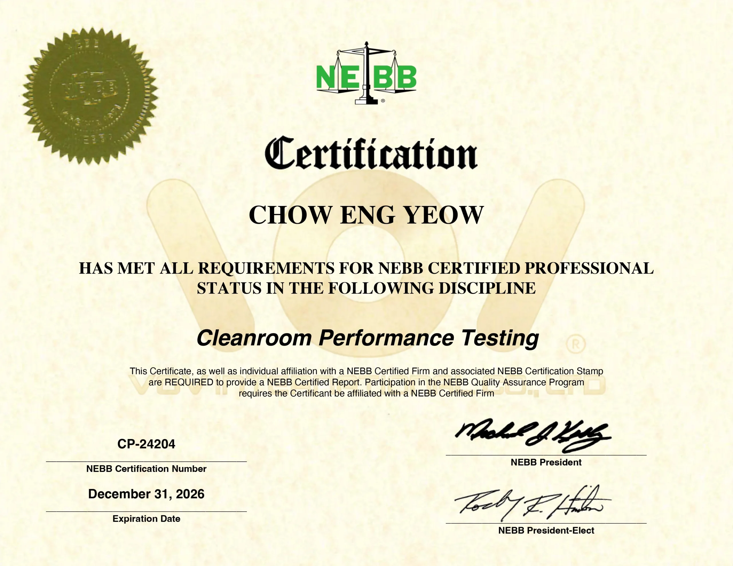 ใบเซอร์ NEBB Certified Professional สำหรับผู้เชี่ยวชาญด้านการทดสอบห้องสะอาด