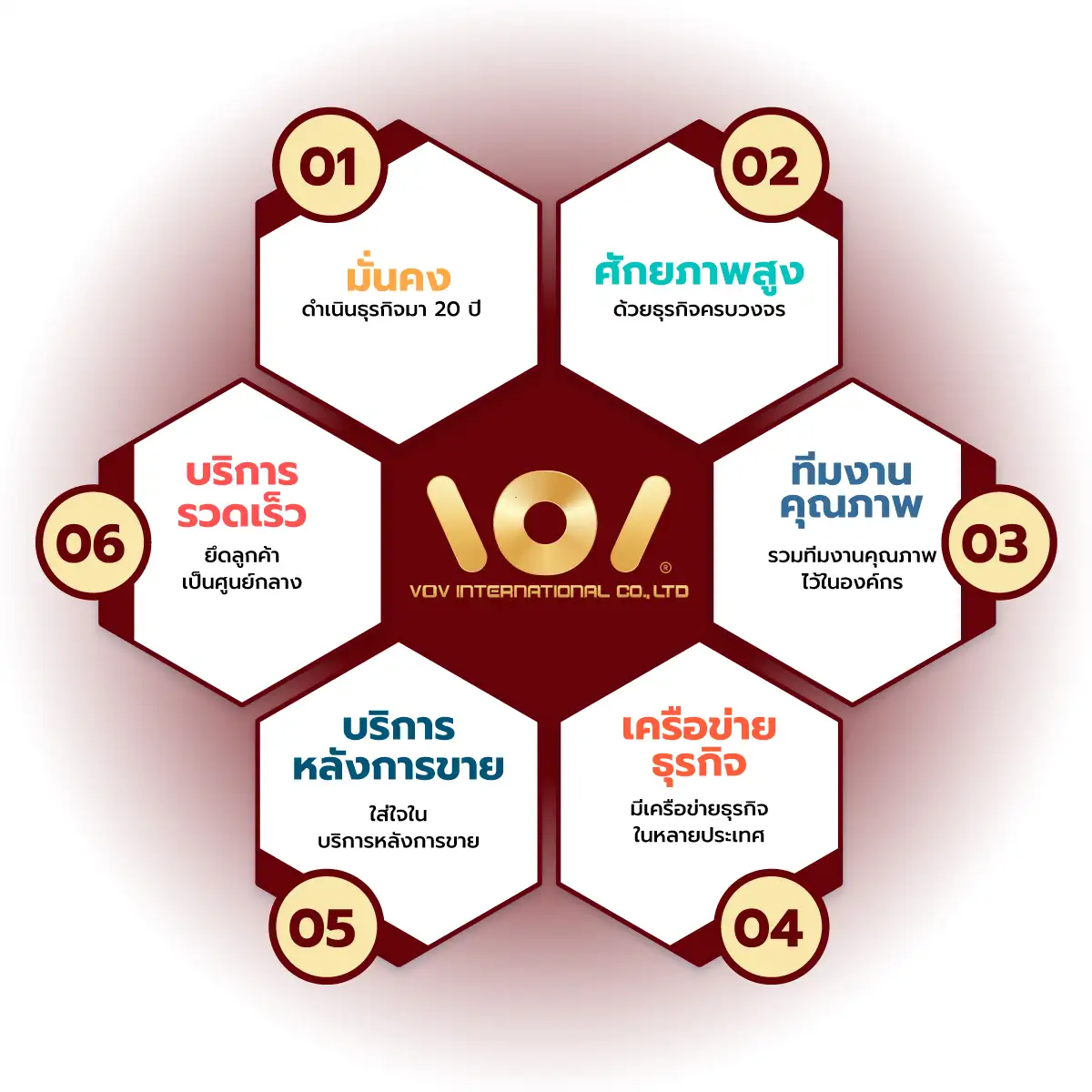 Infographic 6 จุดเด่น VOV International มั่นคง ศักยภาพสูง ทีมงานคุณภาพ เครือข่ายธุรกิจ บริการหลังการขาย บริการรวดเร็ว